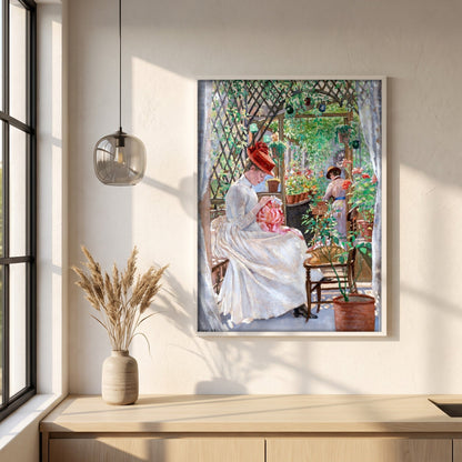 In the Conservatory by Aloysius O'Kelly framed print in a white frame on a plaster wall above an oak worktop in a bright Scandinavian kitchen