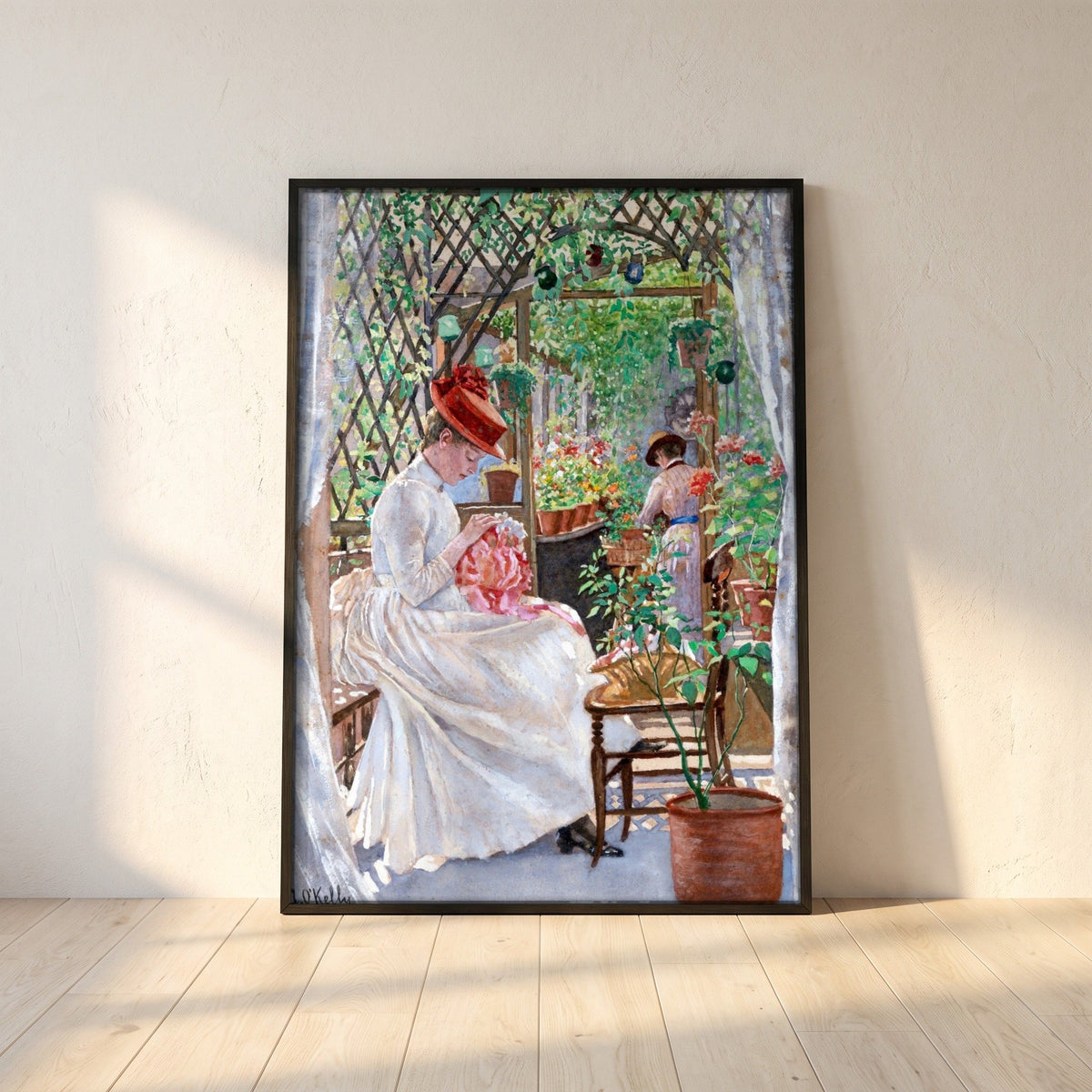 In the Conservatory by Aloysius O'Kelly framed print in a black frame leaning against a white plaster wall on oak floorboards in morning light