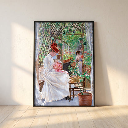 In the Conservatory by Aloysius O'Kelly framed print in a black frame leaning against a white plaster wall on oak floorboards in morning light