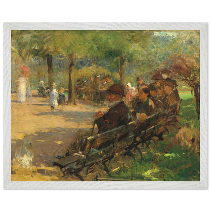 In St Stephen’s Green (c.1895) – Walter Frederick Osborne Fine Art Print (40×50 cm / 16×20″), Painting of a park scene with people sitting on a bench and walking around.