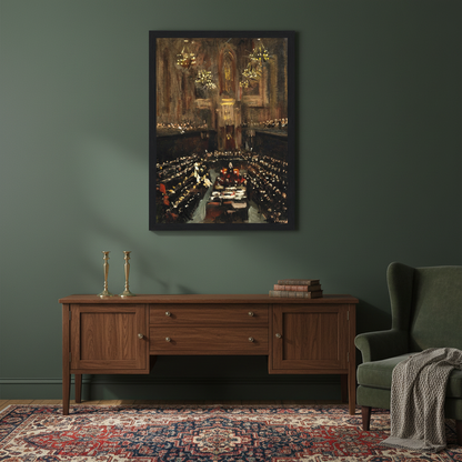Irish Treaty Ratification 1921 by Sir John Lavery framed print on dark green wall above a dark wood sideboard