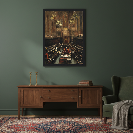 Irish Treaty Ratification 1921 by Sir John Lavery framed print on dark green wall above a dark wood sideboard
