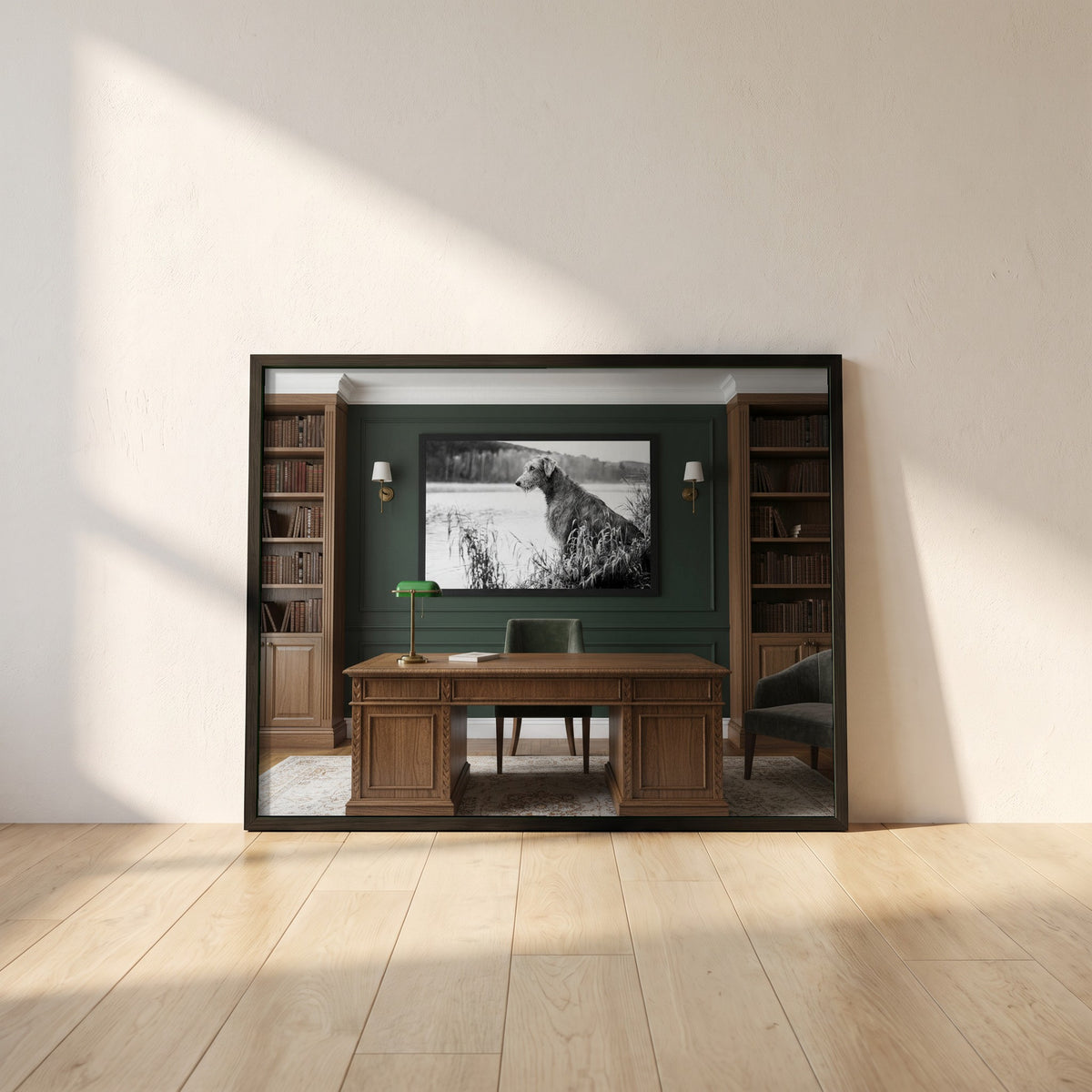 Irish Wolfhound framed print in a black frame leaning against a white plaster wall on oak floorboards in morning light