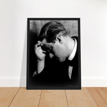 James Joyce black and white framed print in a black frame leaning on a wall on a wooden floor