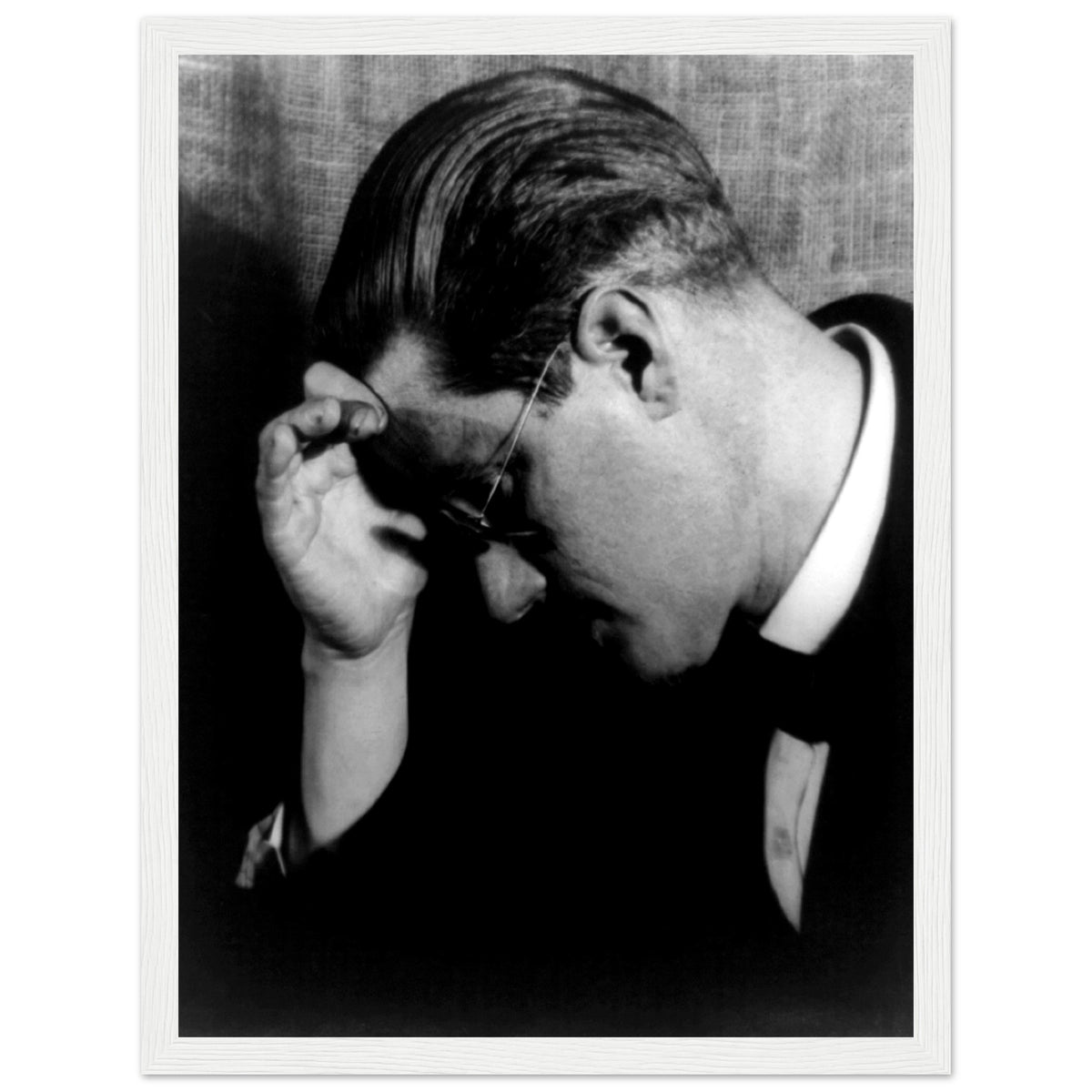 James Joyce black and white photographic print in a white frame with a white border