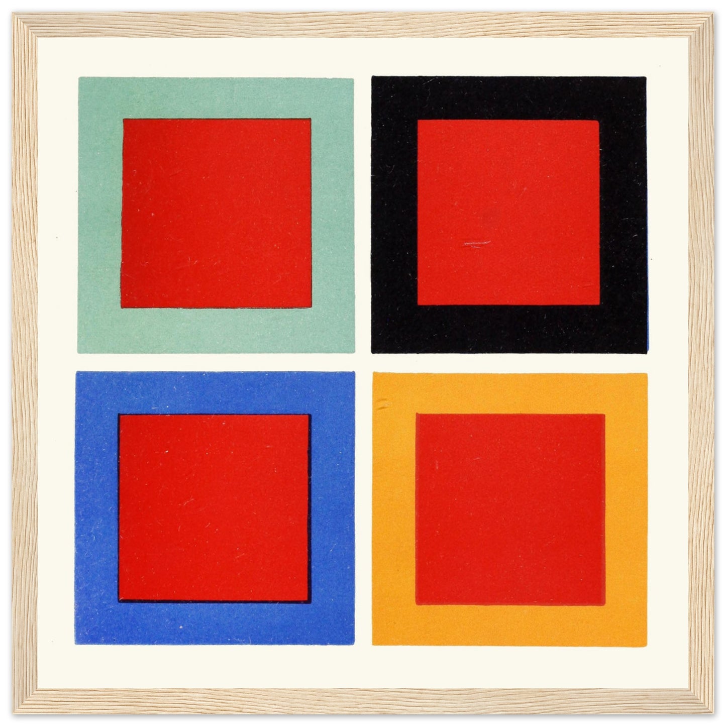 James Ward modification of tone and hue, four red squares colour theory print in natural wood frame above sideboard