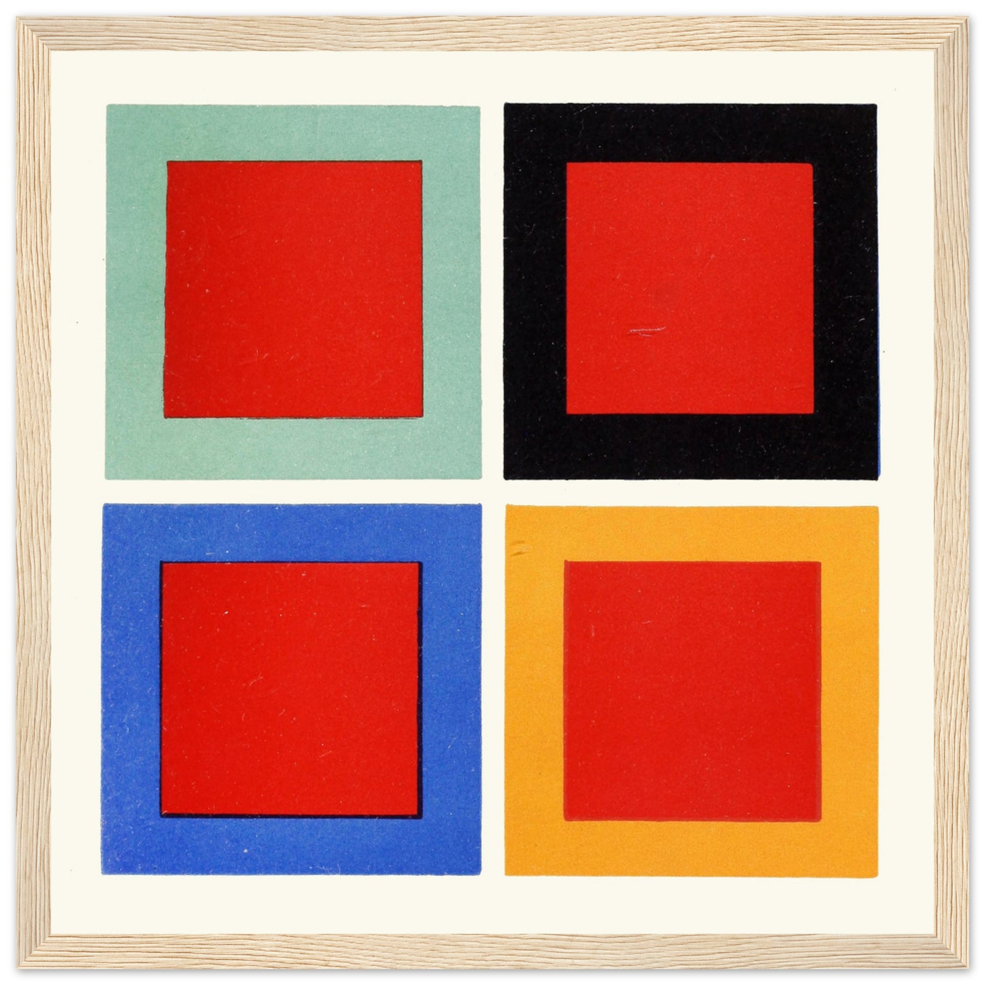 James Ward modification of tone and hue, four red squares colour theory print in natural wood frame above sideboard