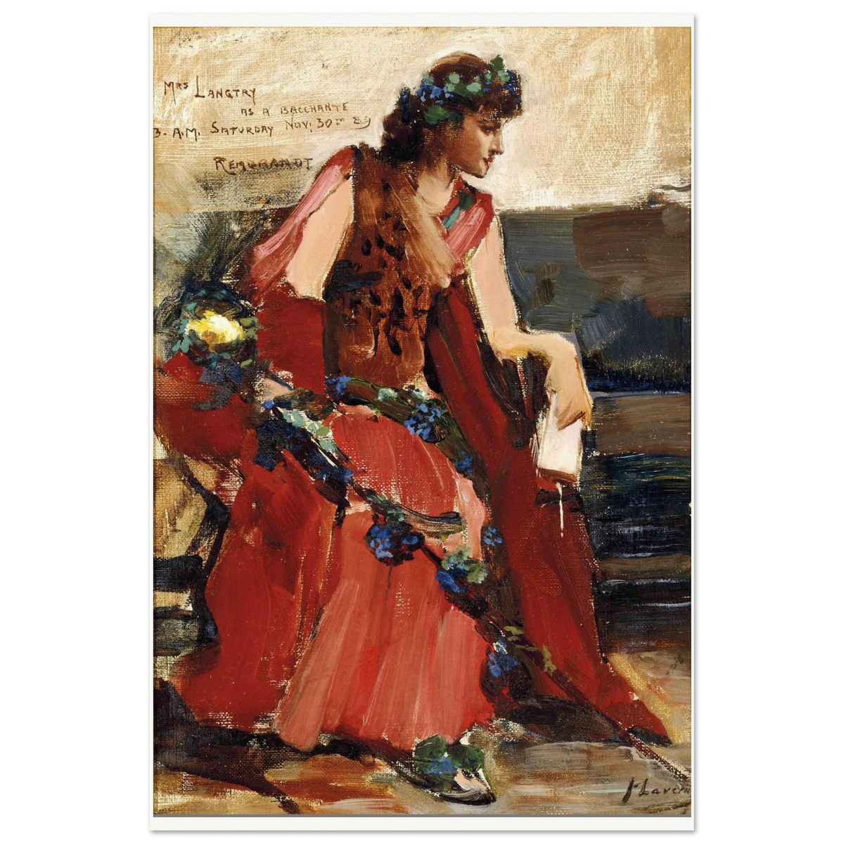 John Lavery Mrs Langtry as a Bacchante, unframed print with white border on a black background