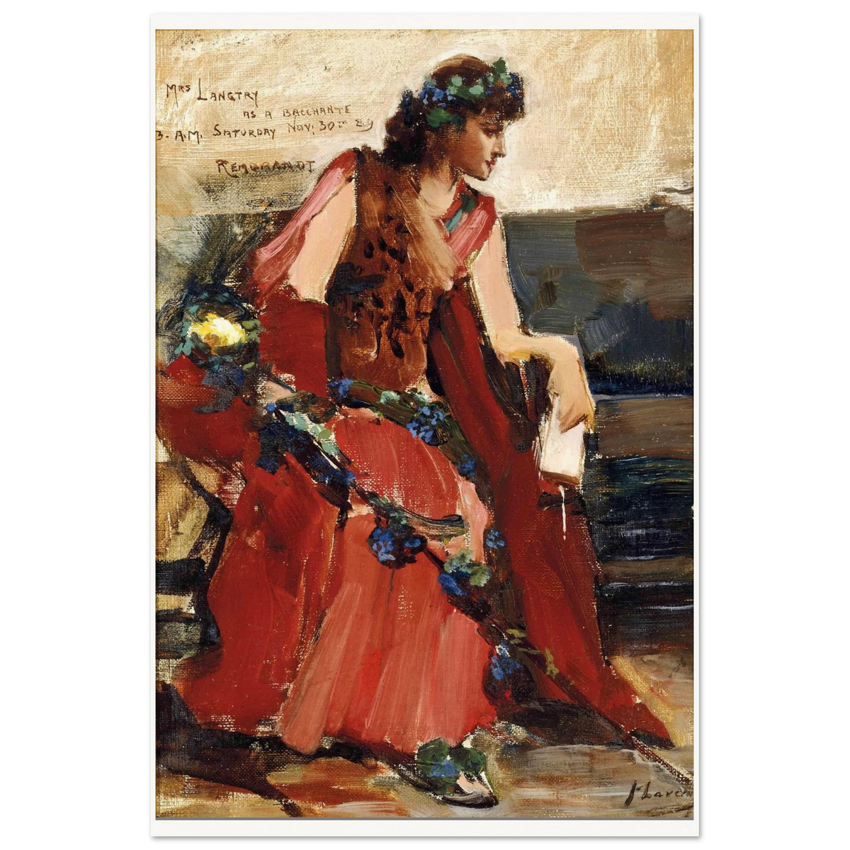 John Lavery portrait of Mrs Langtry seated in a red dress, unframed print