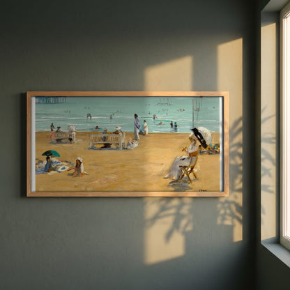The Bathing Hour, Lido, Venice by John Lavery framed print in a natural oak frame on a dark green wall beside a window, dappled plant shadow