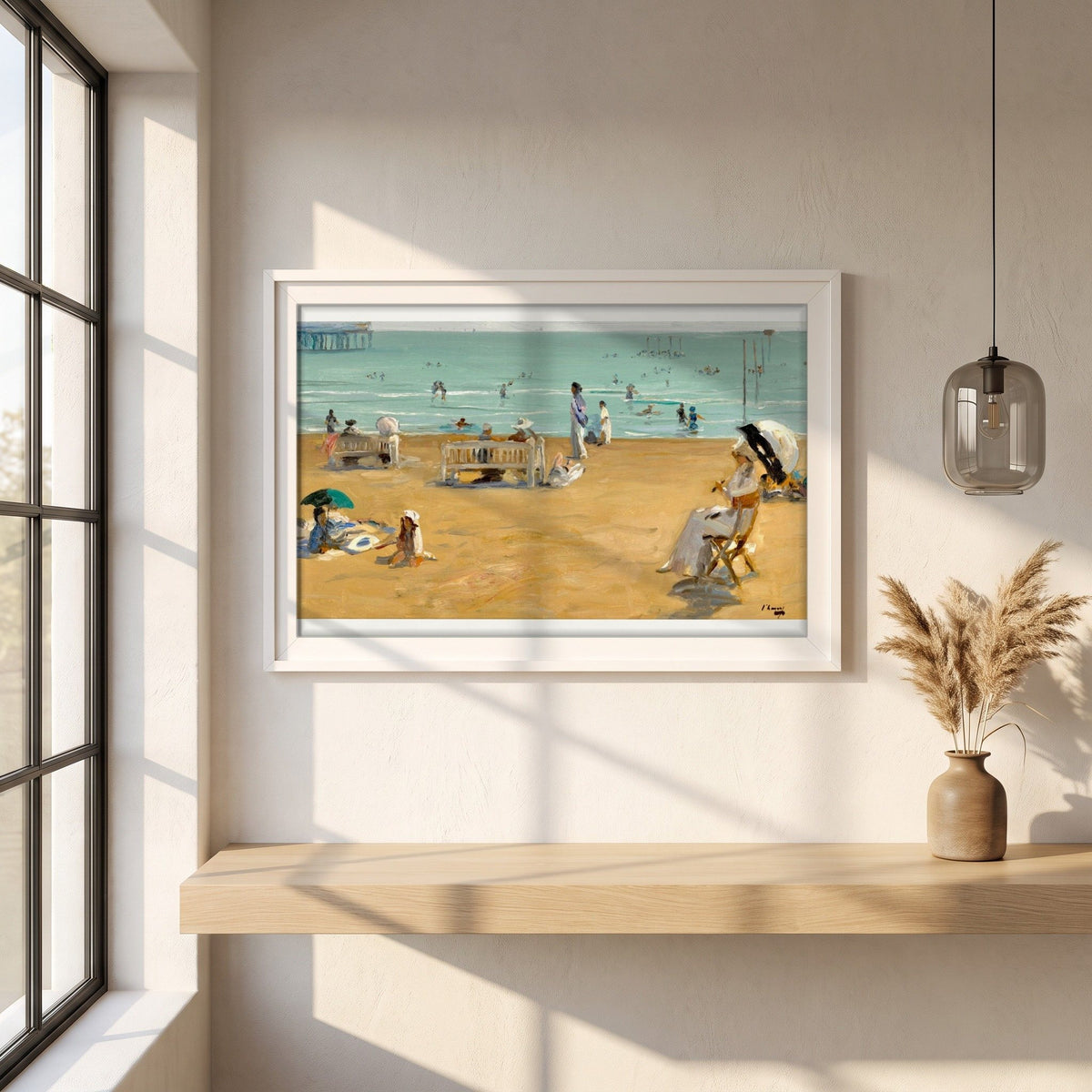 The Bathing Hour, Lido, Venice by John Lavery framed print in a white frame on a plaster wall above an oak worktop in a bright Scandinavian kitchen