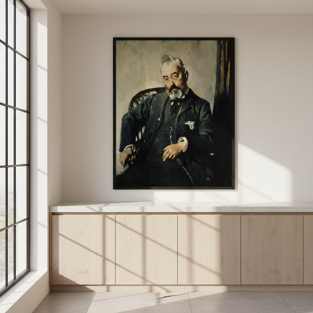 Timothy Healy by William Orpen in a black frame above a pale wooden cabinet beside a tall window