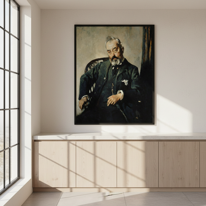 Timothy Healy by William Orpen in a black frame above a pale wooden cabinet beside a tall window