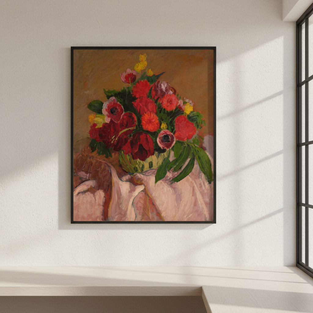 Roderic O'Conor flower painting print in a black frame on a white wall beside a tall window