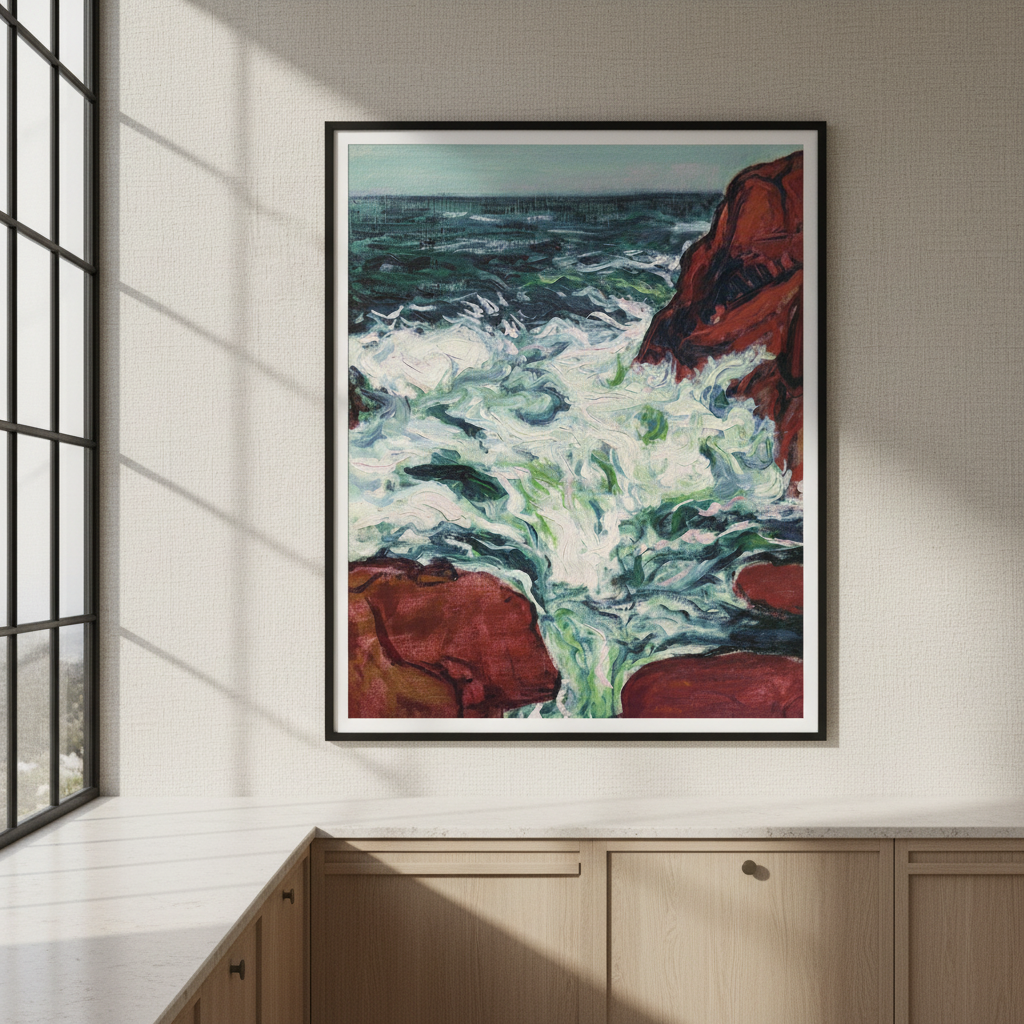Marée Montante by Roderic O'Conor framed print in a black frame in a bright kitchen beside a window
