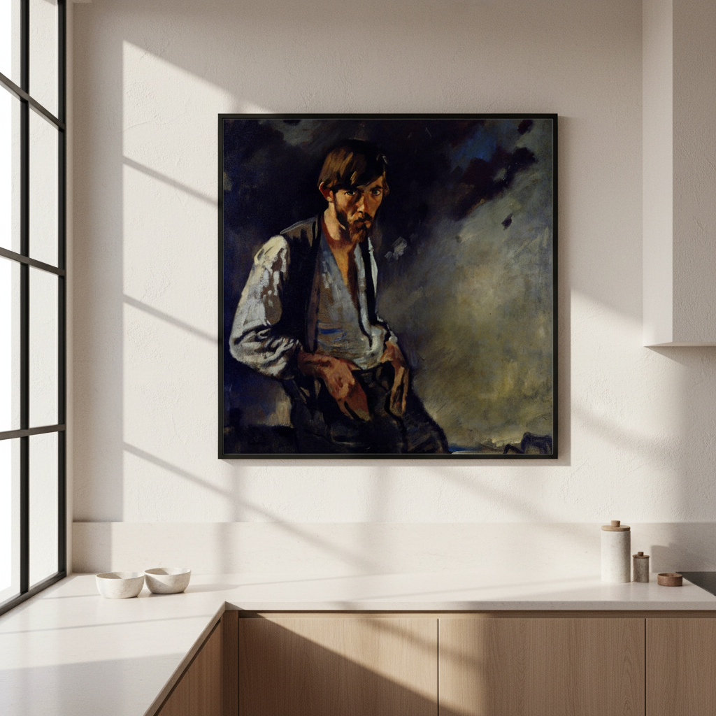 Man from the West by William Orpen in a black frame on a kitchen wall beside a tall window
