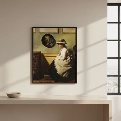The Mirror by William Orpen in a black frame above a counter in a bright room by a window