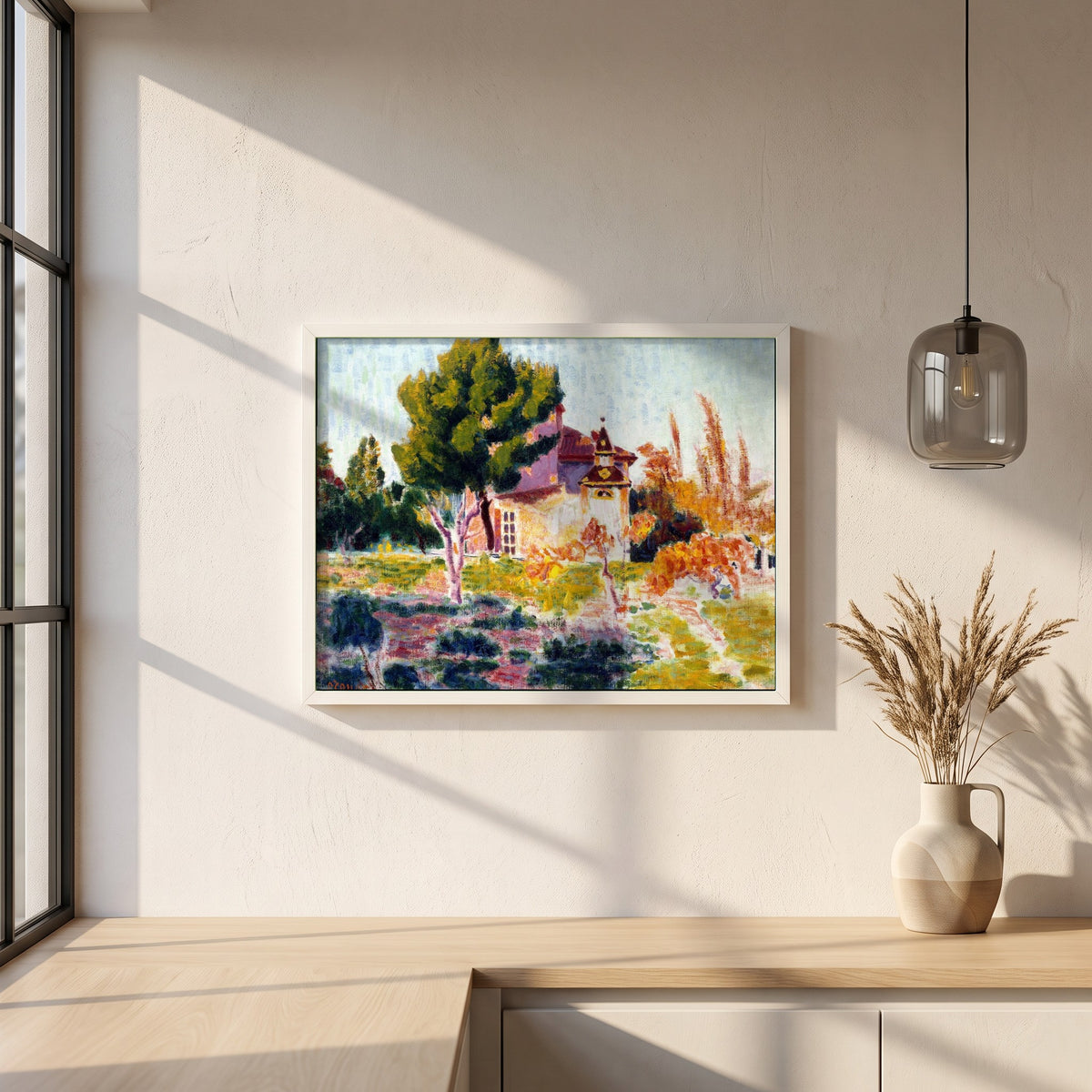 La Rose du Ciel, Cassis framed print in a white frame on a plaster wall above an oak worktop in a bright Scandinavian kitchen