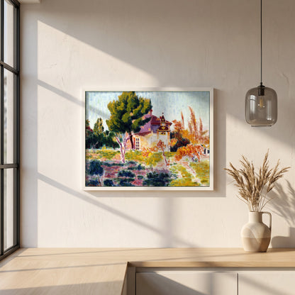 La Rose du Ciel, Cassis framed print in a white frame on a plaster wall above an oak worktop in a bright Scandinavian kitchen