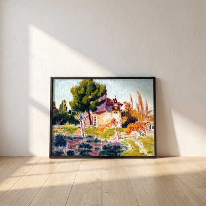 La Rose du Ciel, Cassis framed print in a black frame leaning against a white plaster wall on oak floorboards in morning light