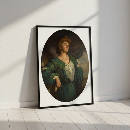 William Orpen Lady Gerard in a Green Dress print in a black frame leaning against a sunlit white wall