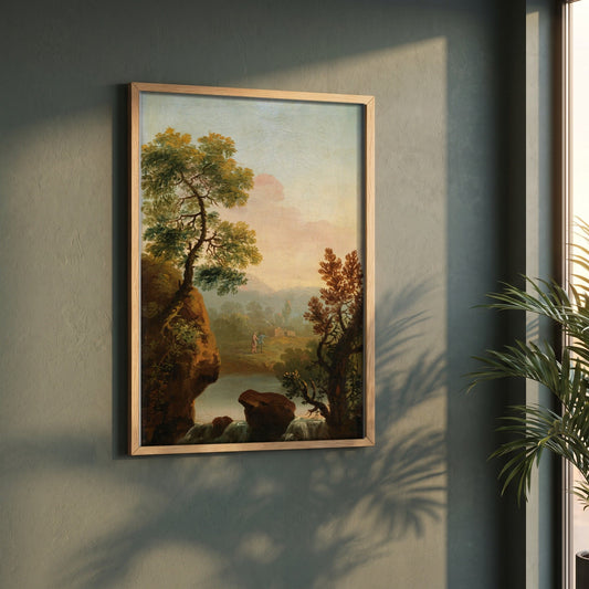 Landscape with Figures in the Background framed print in a natural oak frame on a dark green wall beside a window, dappled plant shadow