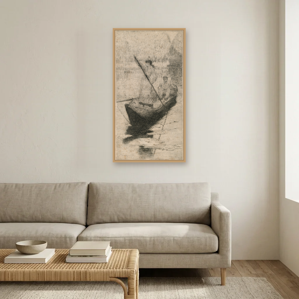 Figures in a Boat art print, framed and hung in a living room