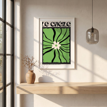 Le Chéile framed print in a white frame on a plaster wall above an oak worktop in a bright Scandinavian kitchen