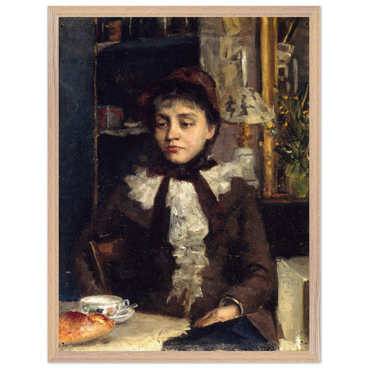 Le Petit Déjeuner by Sarah Purser in a light oak frame, woman seated at a breakfast table