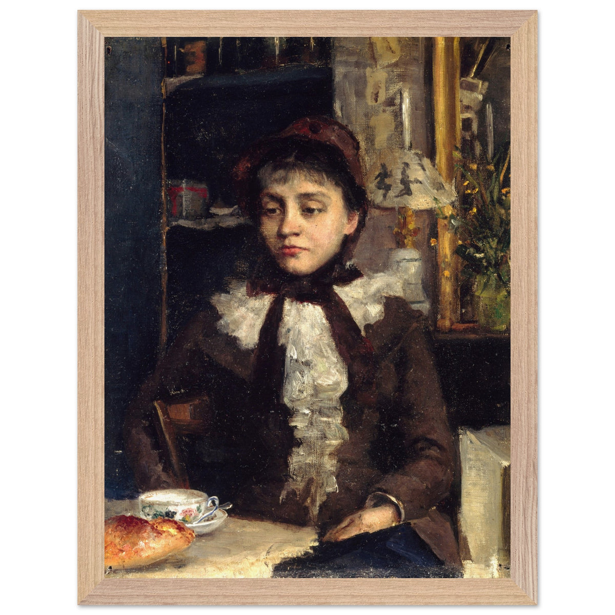 Le Petit Déjeuner by Sarah Purser in a natural oak frame on a plain white background