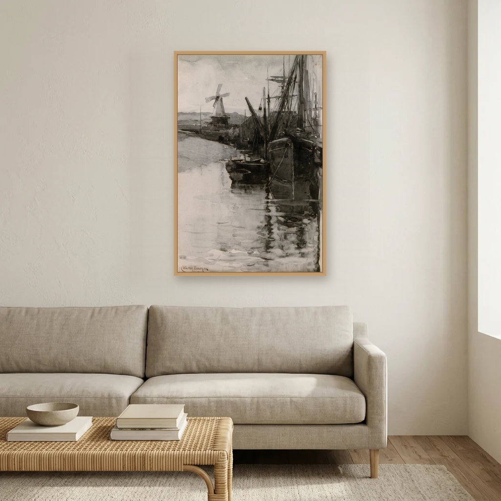 Boats in Rye Harbour, Sussex art print, framed and hung in a living room