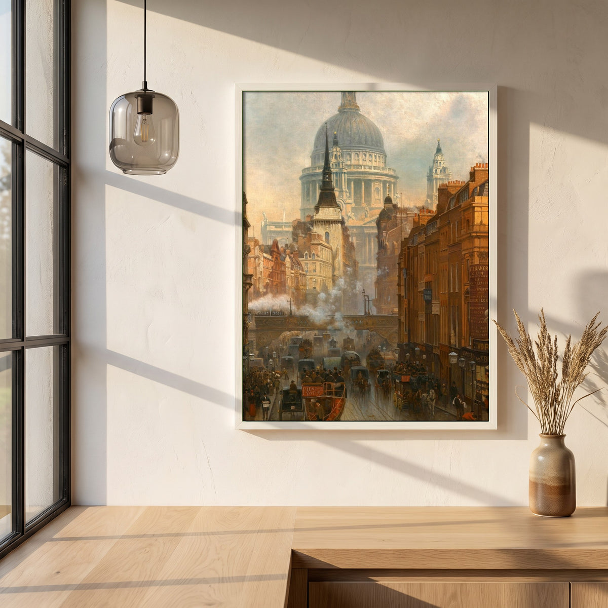 Ludgate, Evening framed print in a white frame on a plaster wall above an oak worktop in a bright Scandinavian kitchen
