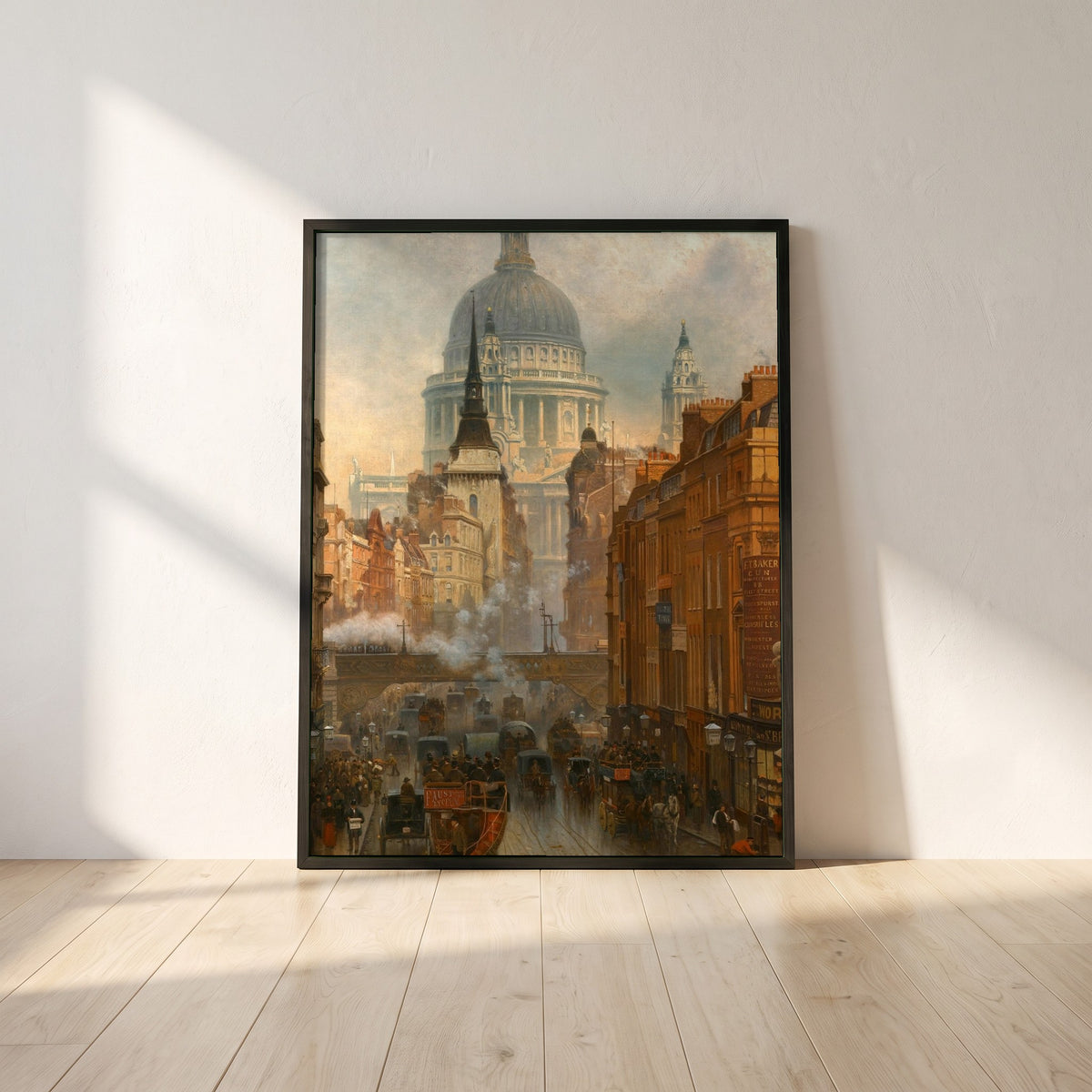 Ludgate, Evening framed print in a black frame leaning against a white plaster wall on oak floorboards in morning light