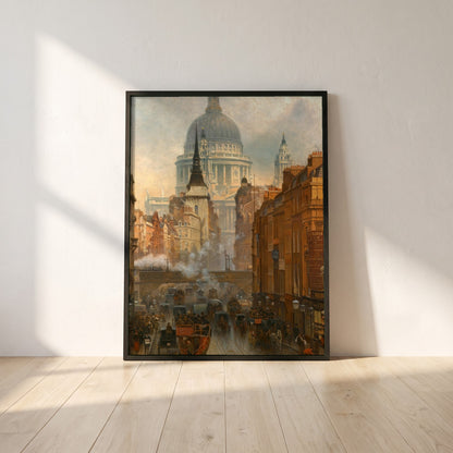 Ludgate, Evening framed print in a black frame leaning against a white plaster wall on oak floorboards in morning light