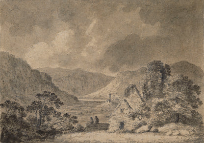 Saint Saviour's, Saint Kevin's and the Lower Lake, Glendalough, wash drawing by Christopher Machell