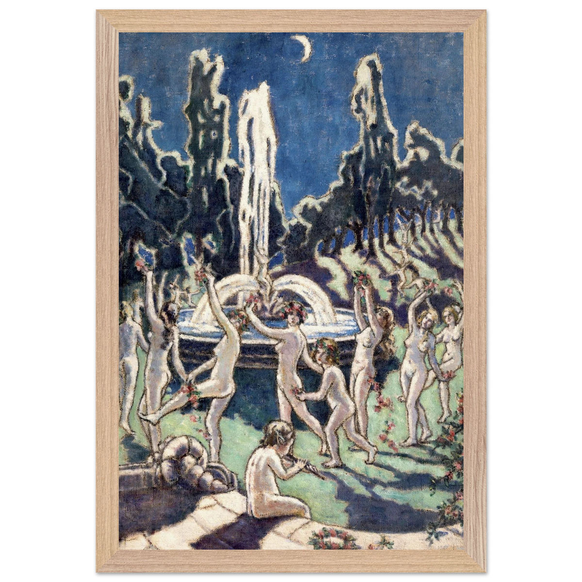 Mainie Jellett Figures Dancing Round a Fountain in a light oak frame, night sky with crescent moon