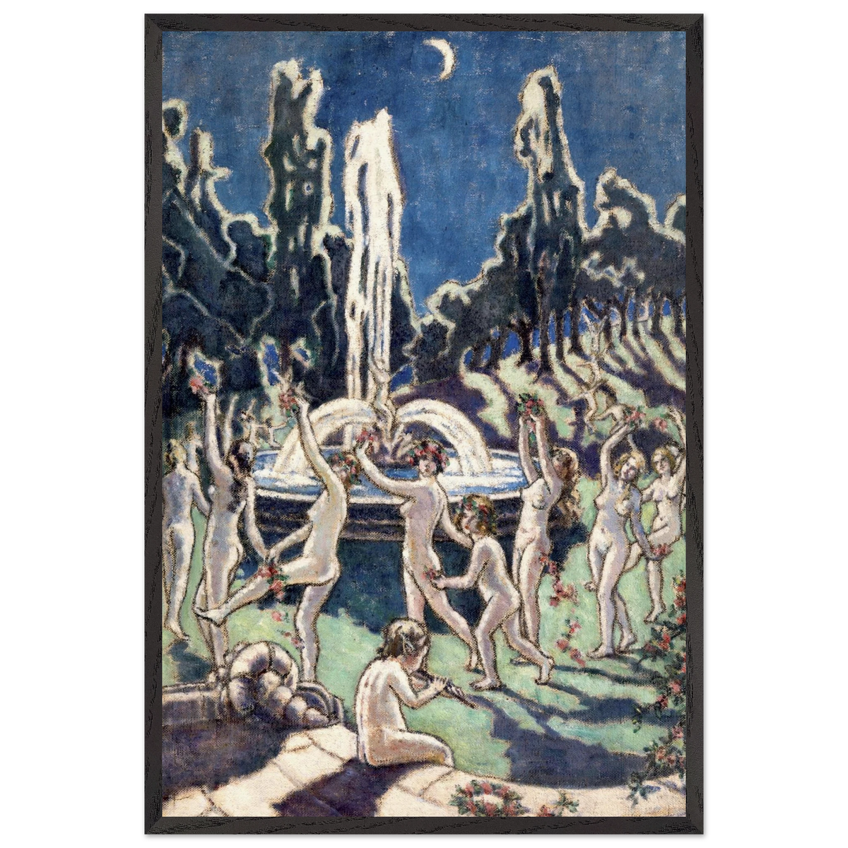 Mainie Jellett Figures Dancing Round a Fountain print in a thin dark frame, moonlit garden scene