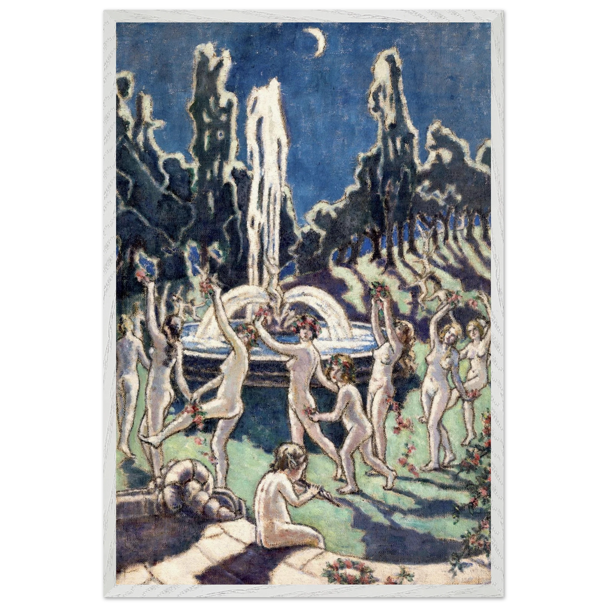 Mainie Jellett Figures Dancing Round a Fountain with a thin white frame, blue night garden