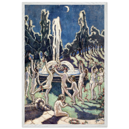 Mainie Jellett Figures Dancing Round a Fountain with a thin white frame, blue night garden