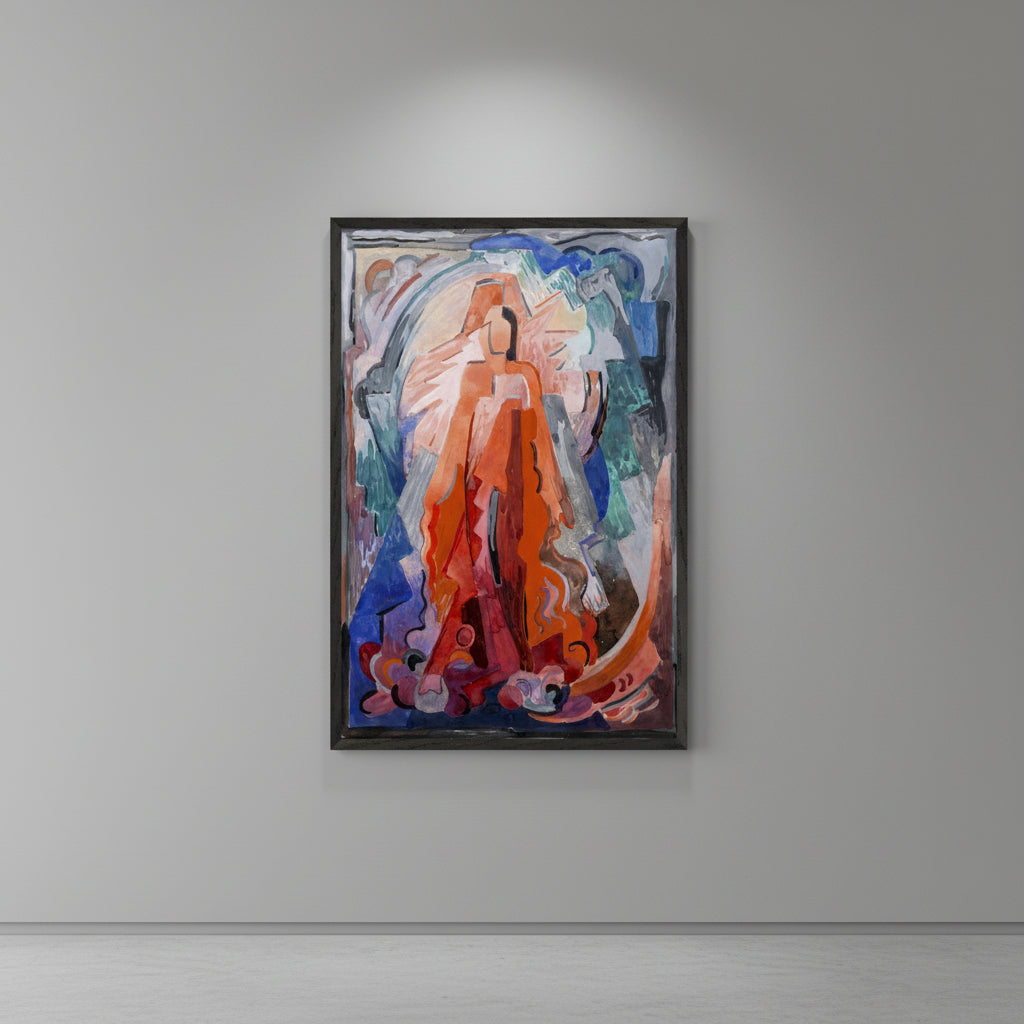 I Have Trodden the Winepress Alone by Mainie Jellett – black framed Irish Modernist religious art reproduction framed art mockup of Mainie Jellett “I Have Trodden the Winepress Alone”,
thin black gallery frame, hanging on soft grey museum wall. 
