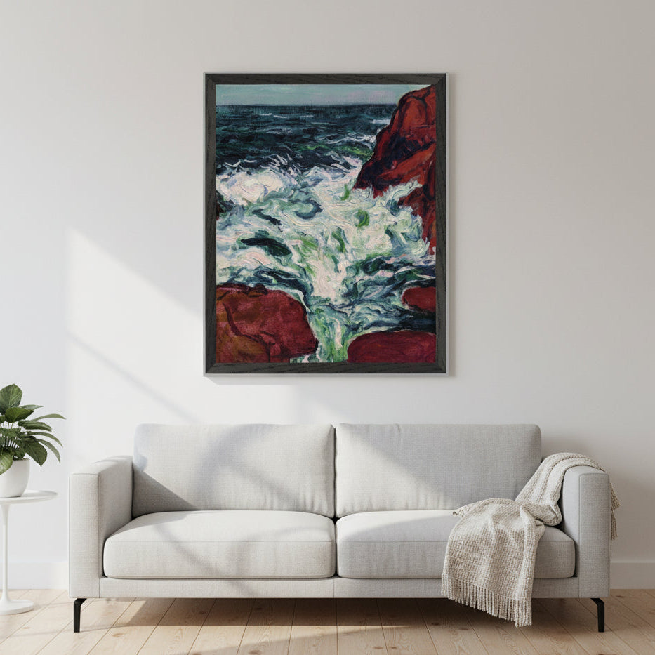 Marée Montante by Roderic O'Conor framed print in a black frame above a white sofa with a throw