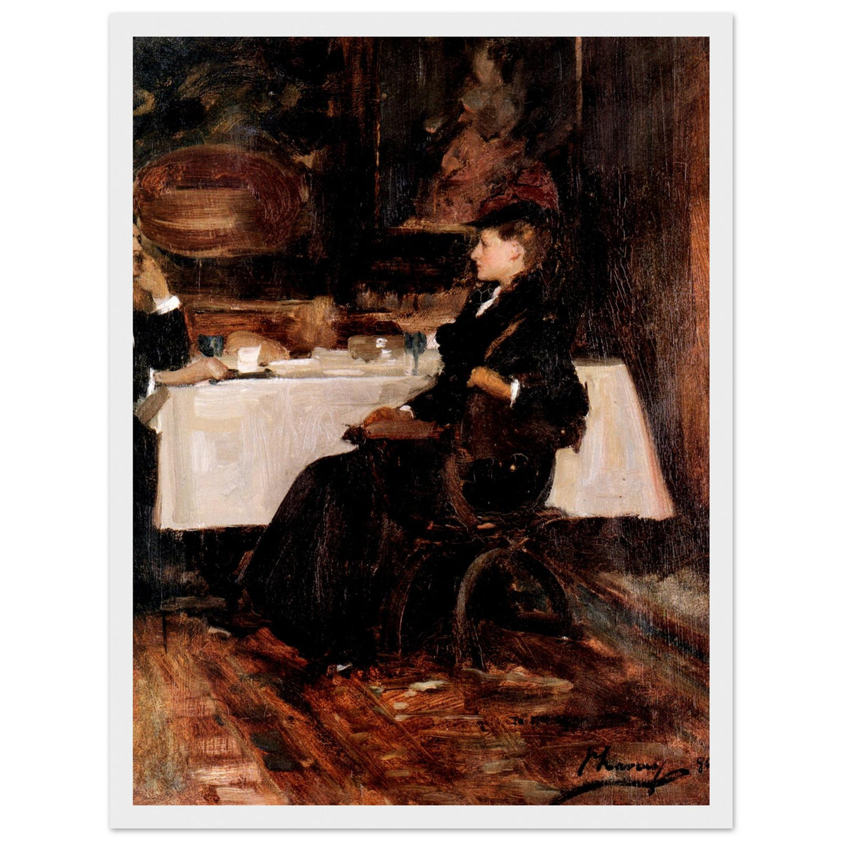 Mrs Adam at Dinner by Sir John Lavery in a slim white frame