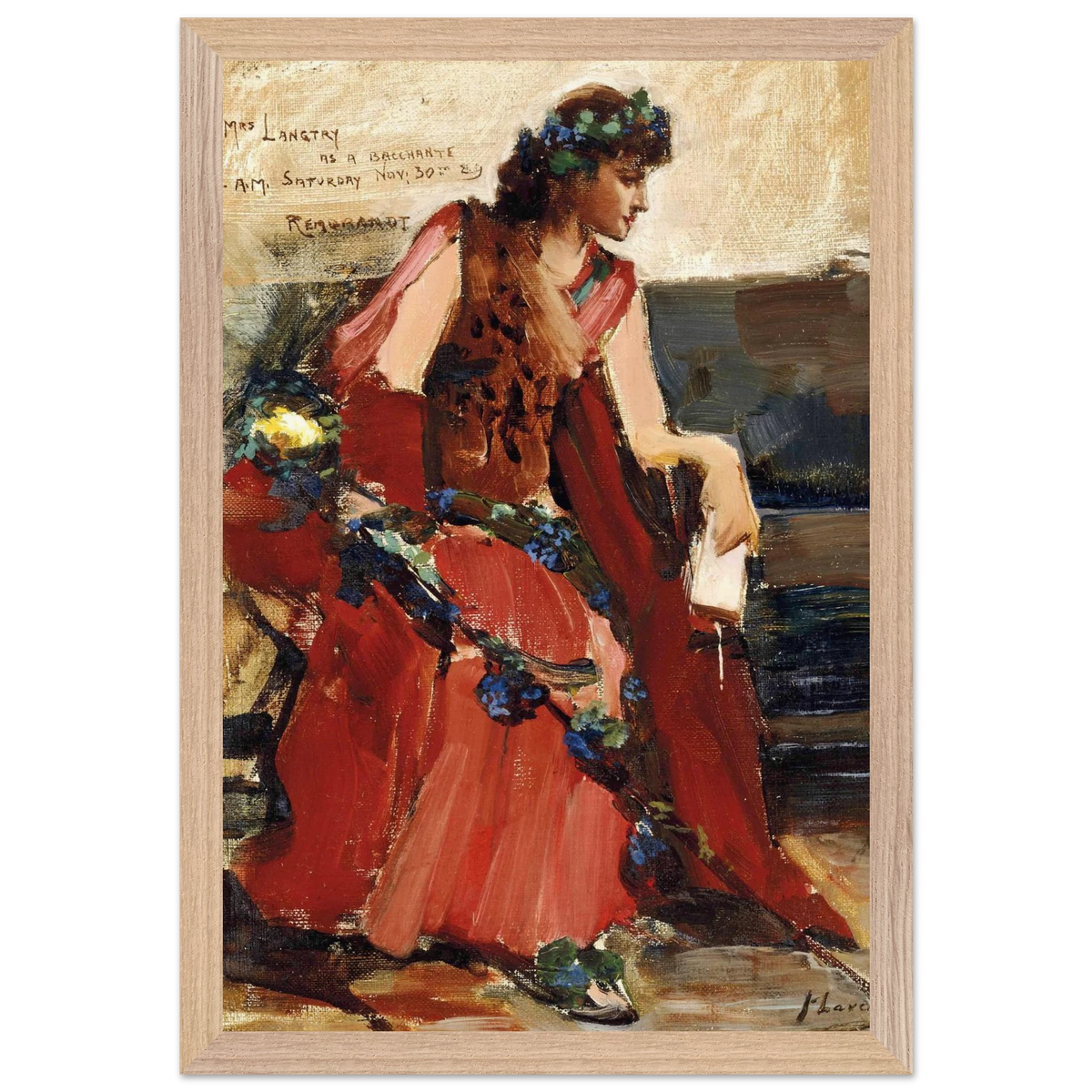 Mrs Langtry as a Bacchante by John Lavery in a natural oak frame