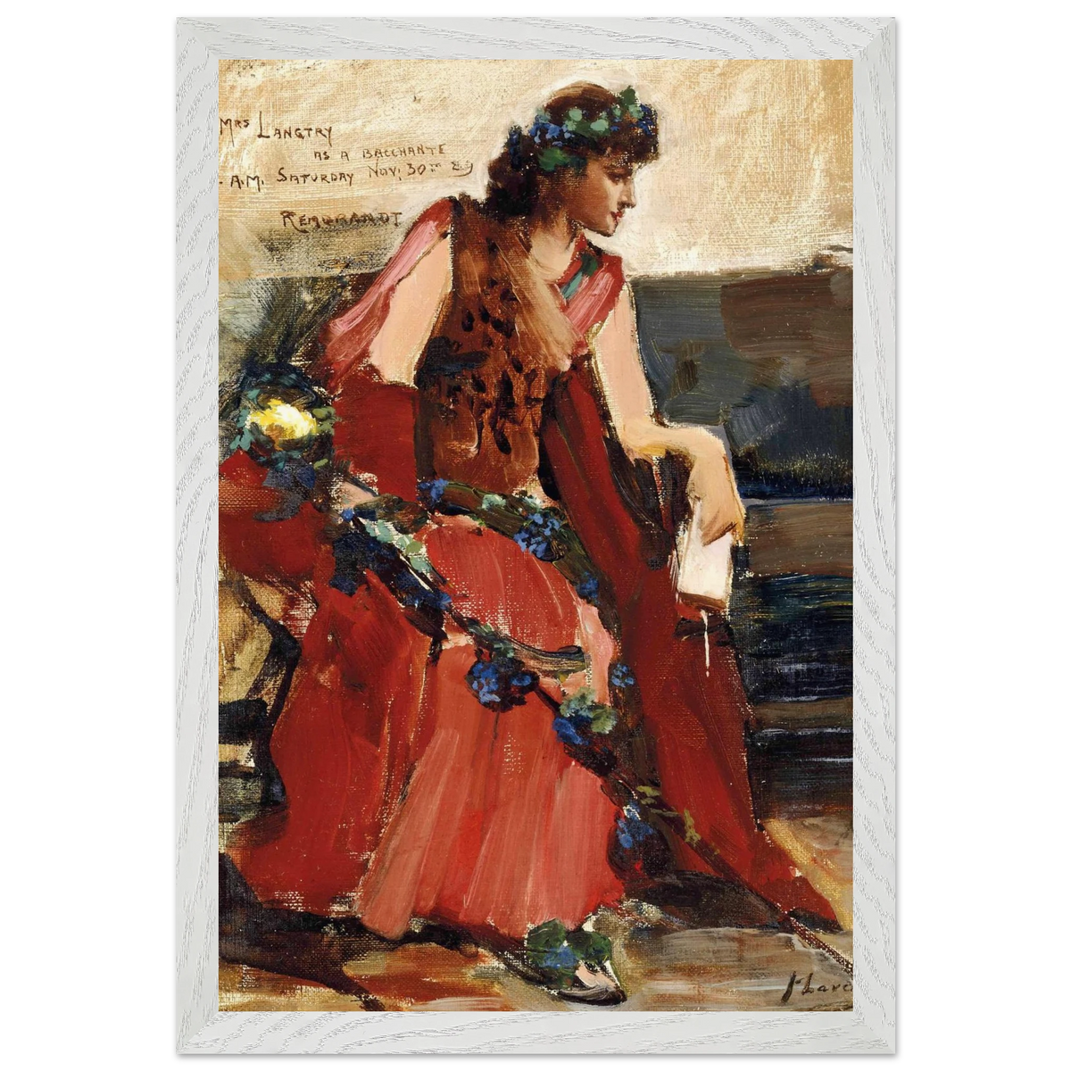 Mrs Langtry as a Bacchante by John Lavery in a whitewashed wood frame