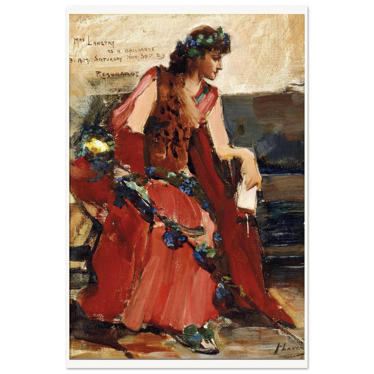 Mrs Langtry as a Bacchante by John Lavery, Lillie Langtry in a red gown with a vine wreath