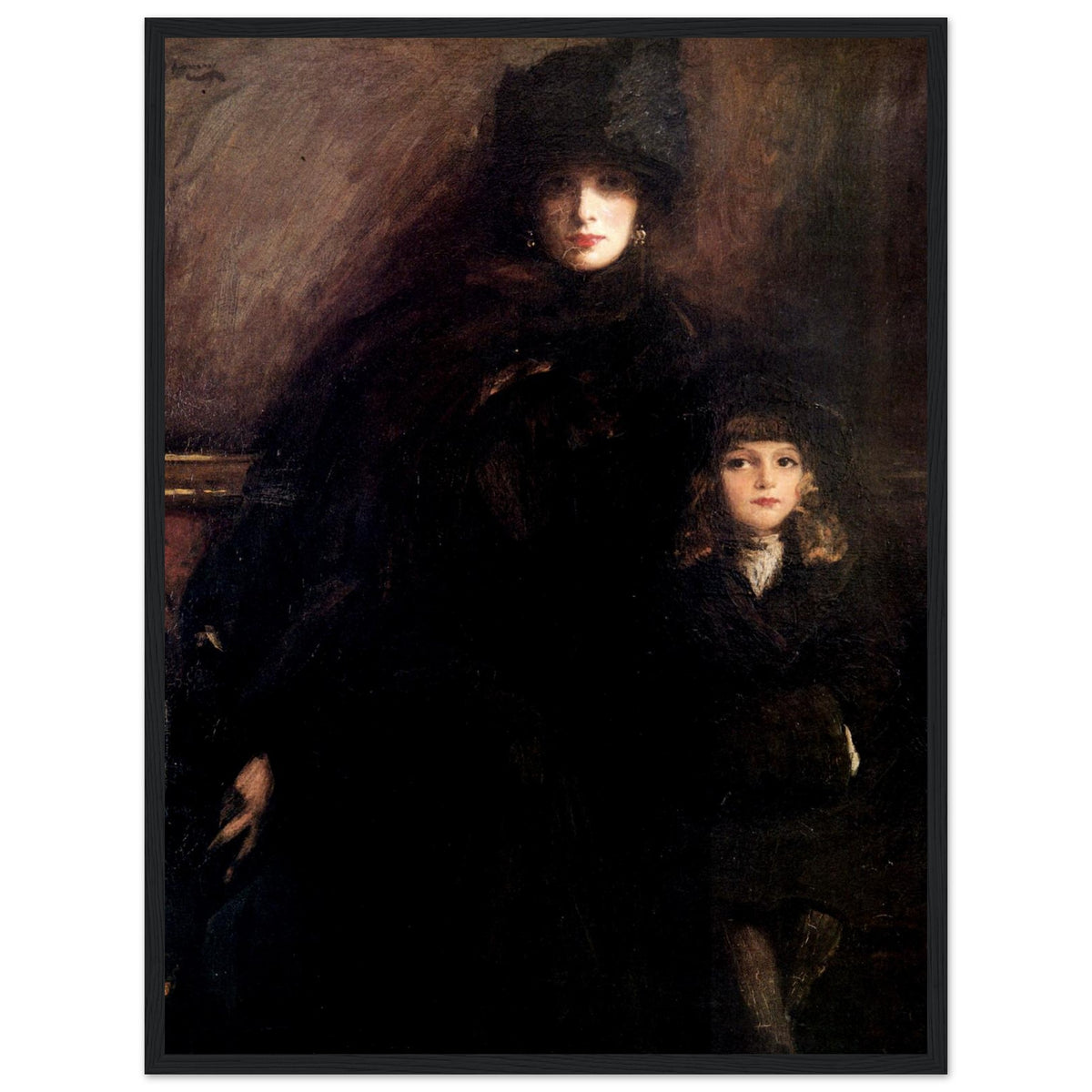 Mrs Lavery and Alice by Sir John Lavery in a matt black frame, dark portrait of a woman and young girl