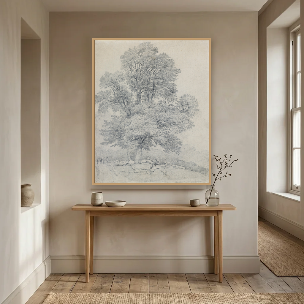 A Wych Elm at Hawley, Hampshire art print, framed and hung in a hallway