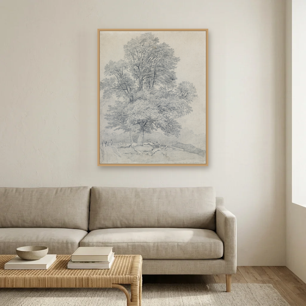 A Wych Elm at Hawley, Hampshire art print, framed and hung in a living room