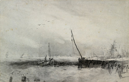 Vessels in a Squall off the Coast, black chalk drawing by William Mulready