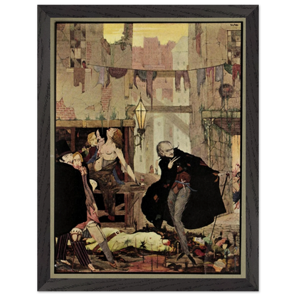 Noisome Quarter by Harry Clarke (1923) in a black frame, cloaked figure in a crowded street